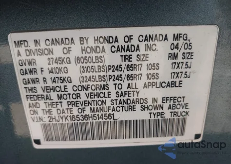 2006 Honda Ridgeline Rtl из США, поврежденный, VIN 2HJYK16536H514561